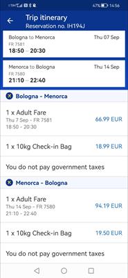 Biglietto aereo Ryan air Minorca