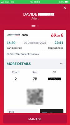 Biglietto treno Bari Centrale - Reggio Emilia